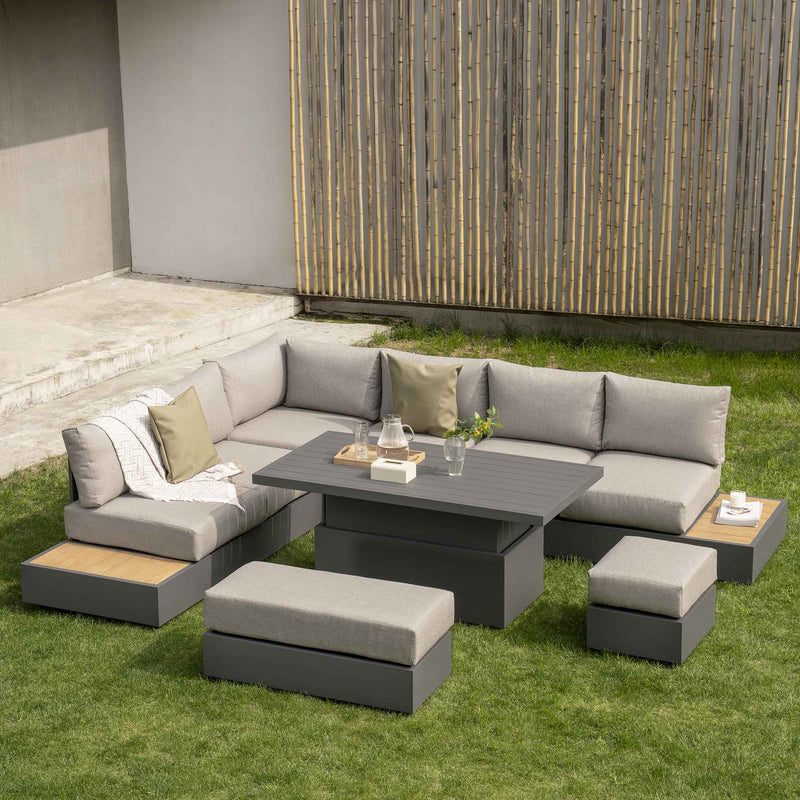 Jardin Aluminium Large Corner Casual Dining Set with Rising Table, Granite - daals