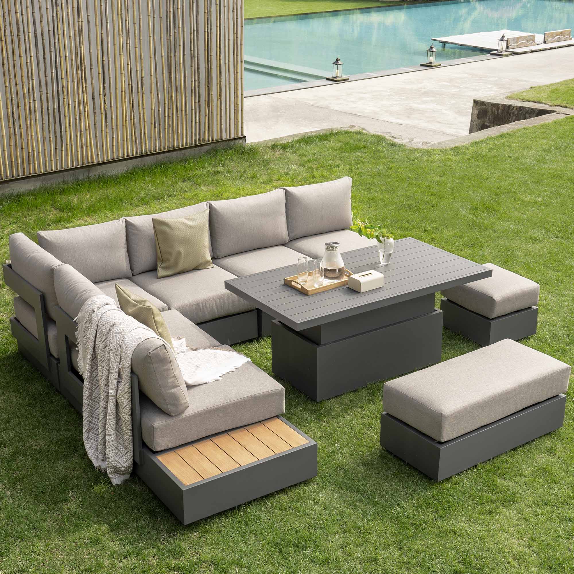Outdoor Rising Table Jardin Aluminium Large Corner Casual Dining Set with Rising Table, Gra ...
