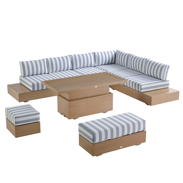 Jardin Aluminium Large Corner Casual Dining Set with Rising Table, Natural with Blue Stripes