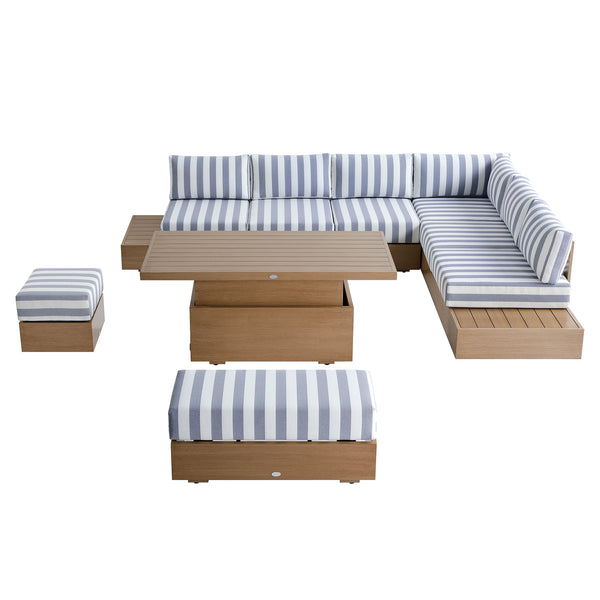 Jardin Aluminium Large Corner Casual Dining Set with Rising Table, Natural with Blue Stripes