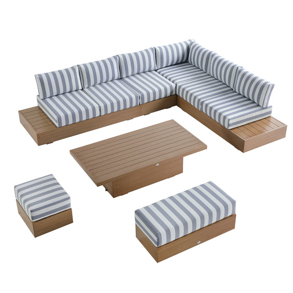 Jardin Aluminium Large Corner Casual Dining Set with Rising Table, Natural with Blue Stripes