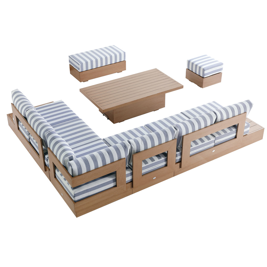 Jardin Aluminium Large Corner Casual Dining Set with Rising Table, Natural with Blue Stripes