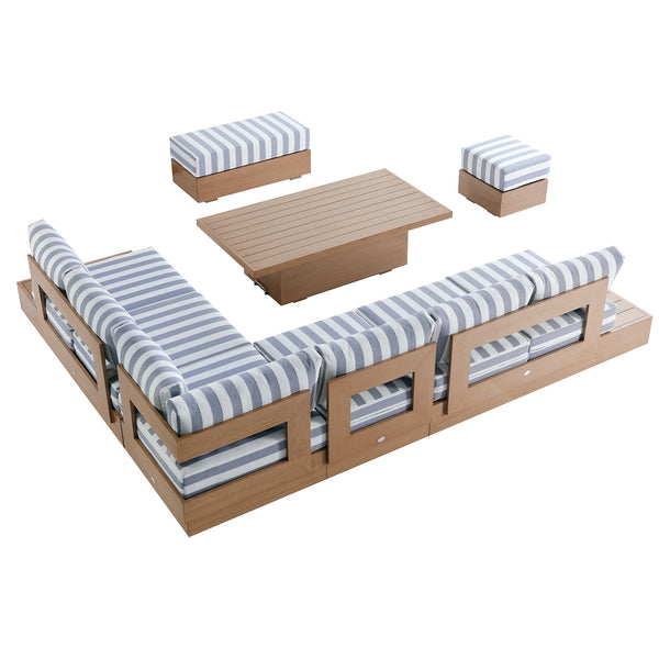 Jardin Aluminium Large Corner Casual Dining Set with Rising Table, Natural with Blue Stripes