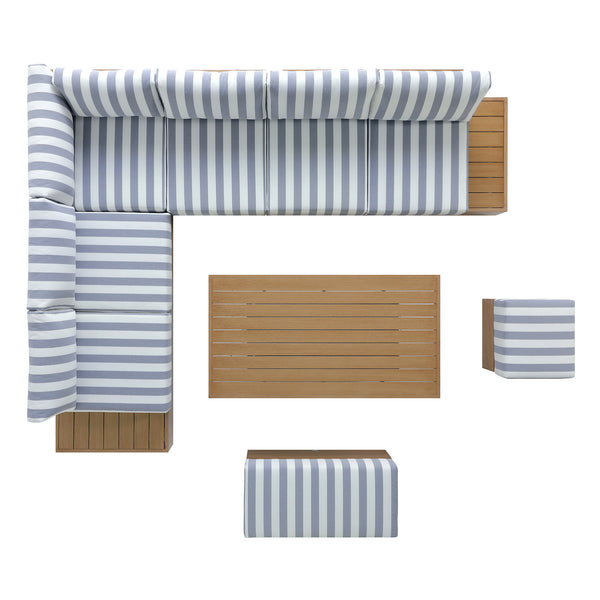 Jardin Aluminium Large Corner Casual Dining Set with Rising Table, Natural with Blue Stripes