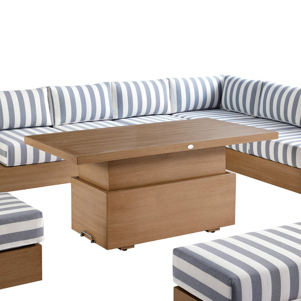Jardin Aluminium Large Corner Casual Dining Set with Rising Table, Natural with Blue Stripes