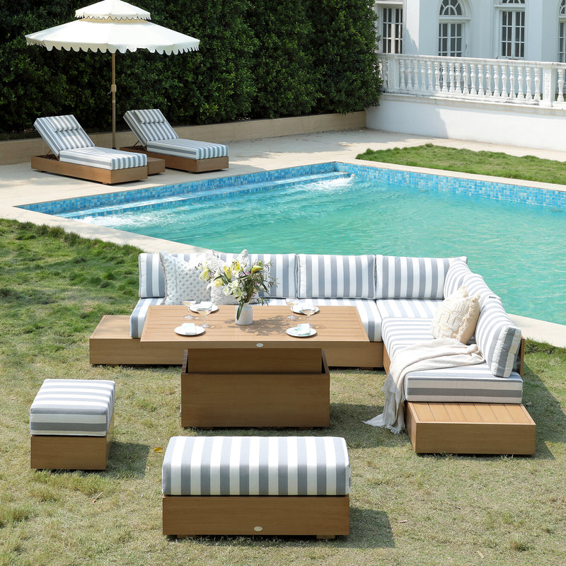 Jardin Aluminium Large Corner Casual Dining Set with Rising Table, Natural with Blue Stripes - daals