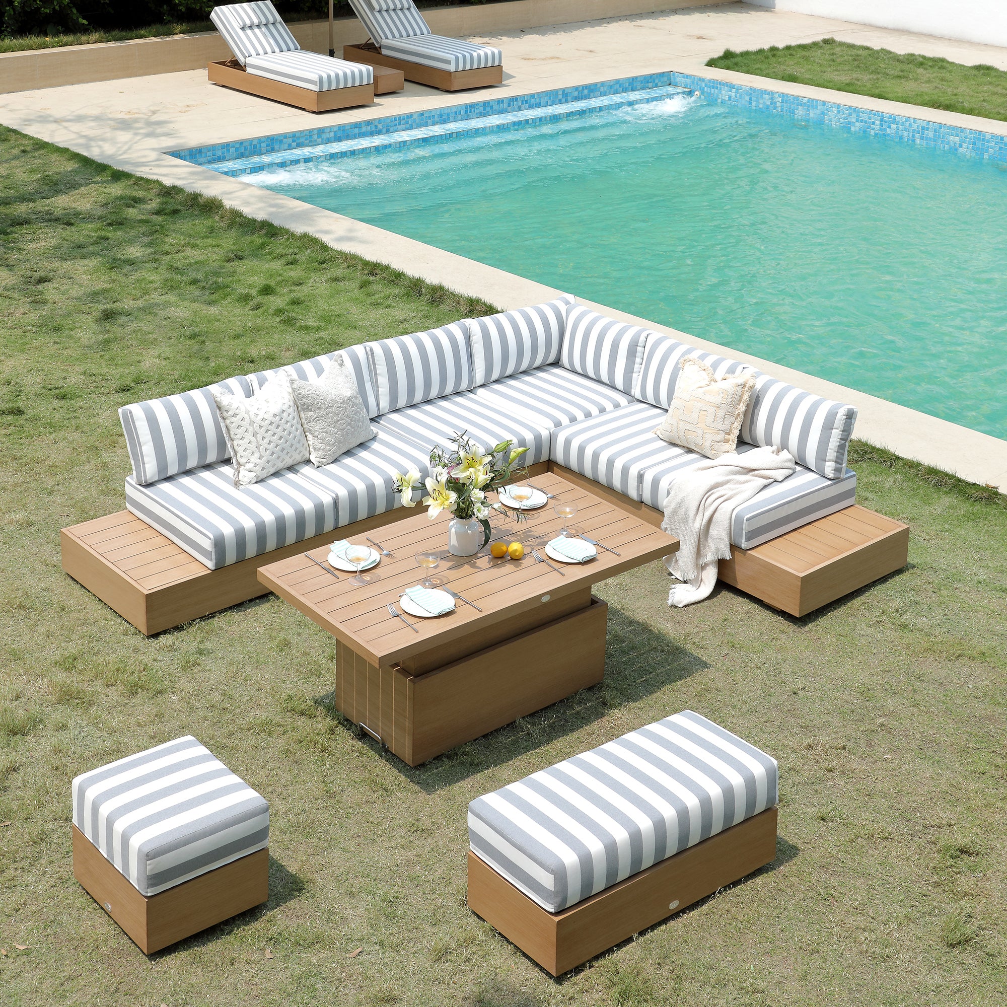 Salone Rising Table Jardin Aluminium Large Corner Casual Dining Set with Rising Table, Nat ...