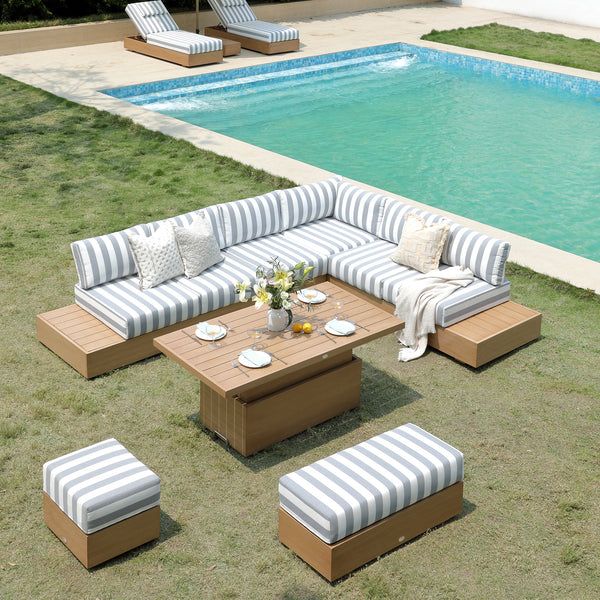 Jardin Aluminium Large Corner Casual Dining Set with Rising Table, Natural with Blue Stripes