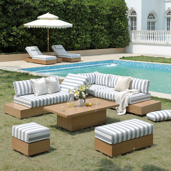 Jardin Aluminium Large Corner Casual Dining Set with Rising Table, Natural with Blue Stripes