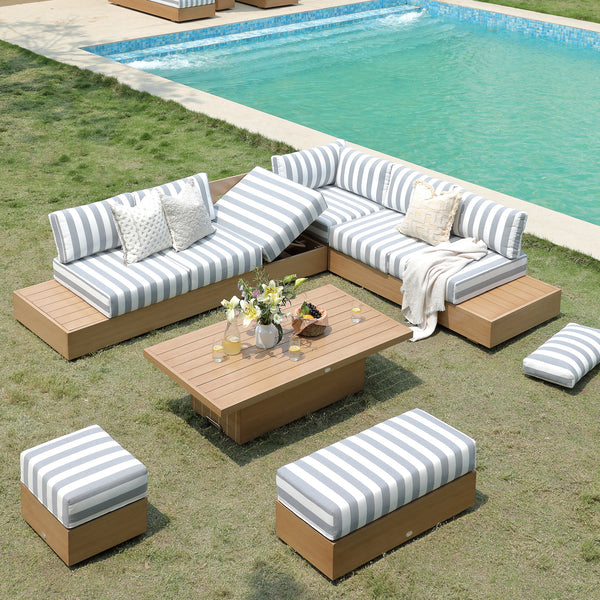 Jardin Aluminium Large Corner Casual Dining Set with Rising Table, Natural with Blue Stripes