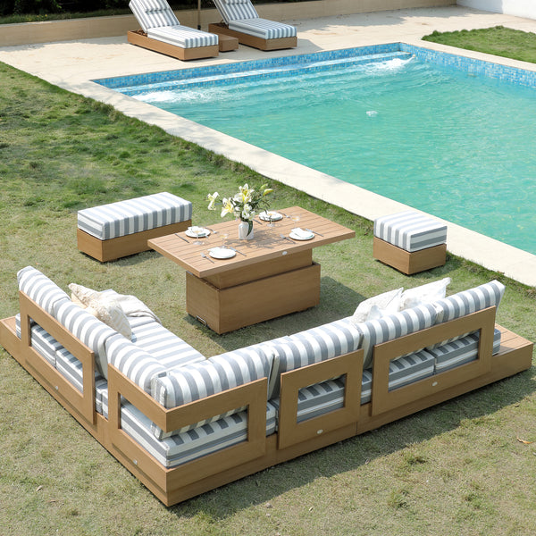 Jardin Aluminium Large Corner Casual Dining Set with Rising Table, Natural with Blue Stripes