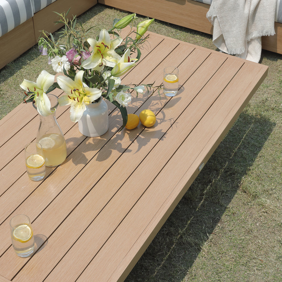 Jardin Aluminium Large Corner Casual Dining Set with Rising Table, Natural with Blue Stripes
