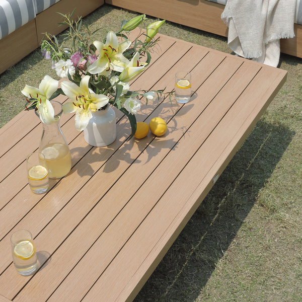 Jardin Aluminium Large Corner Casual Dining Set with Rising Table, Natural with Blue Stripes