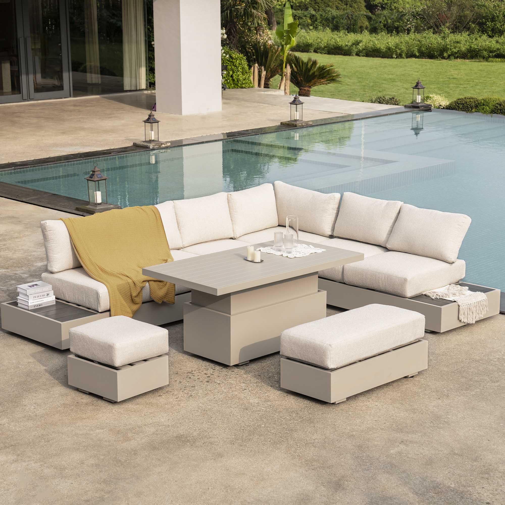 Outdoor Rising Table Jardin Aluminium Large Corner Casual Dining Set with Rising Table, Pum ...