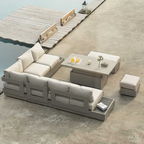 Jardin Aluminium Large Corner Casual Dining Set with Rising Table, Pumice