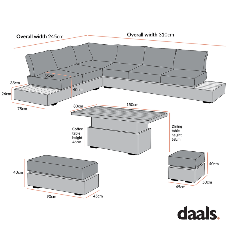 Jardin Aluminium Large Corner Casual Dining Set with Rising Table, Natural with Blue Stripes - daals