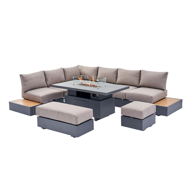 Jardin Aluminium Large Corner Casual Dining Set with Rising Firepit Table, Granite