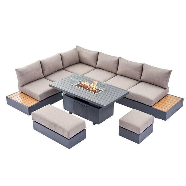 Jardin Aluminium Large Corner Casual Dining Set with Rising Firepit Table, Granite
