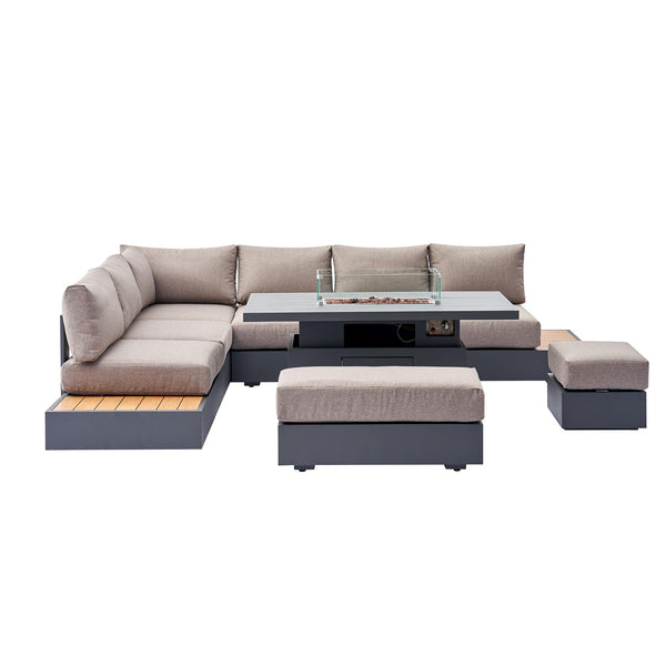 Jardin Aluminium Large Corner Casual Dining Set with Rising Firepit Table, Granite