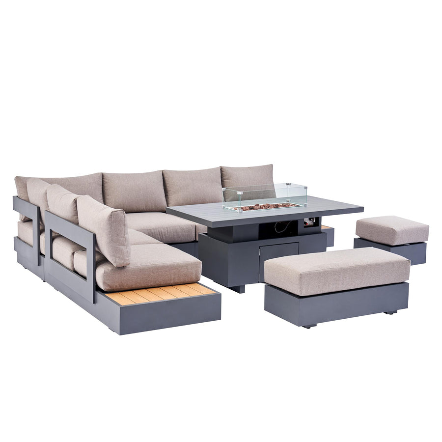 Jardin Aluminium Large Corner Casual Dining Set with Rising Firepit Table, Granite