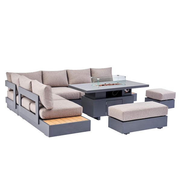 Jardin Aluminium Large Corner Casual Dining Set with Rising Firepit Table, Granite