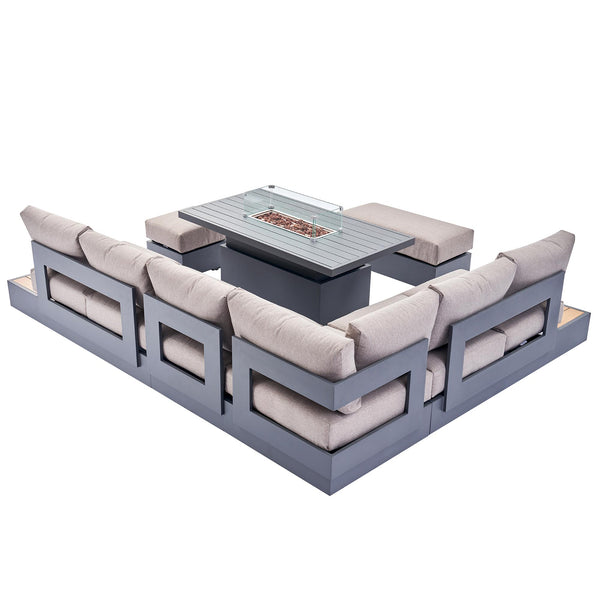 Jardin Aluminium Large Corner Casual Dining Set with Rising Firepit Table, Granite