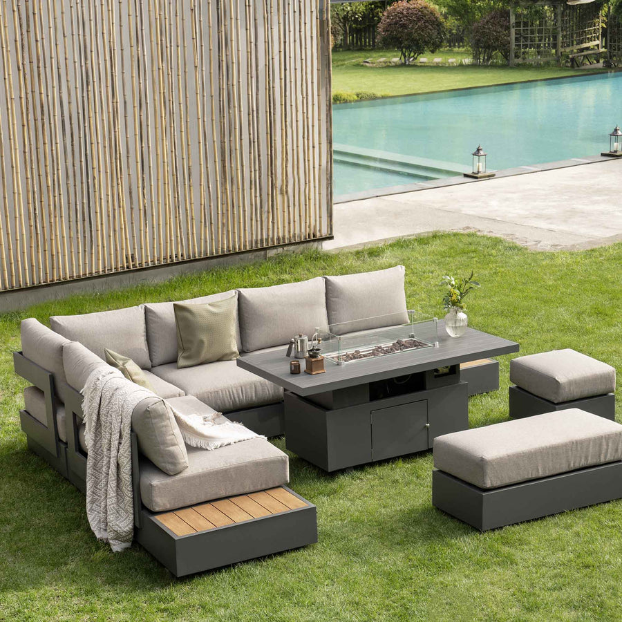 Jardin Aluminium Large Corner Casual Dining Set with Rising Firepit Table, Granite