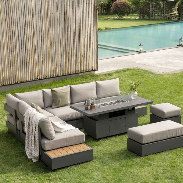 Jardin Aluminium Large Corner Casual Dining Set with Rising Firepit Table, Granite