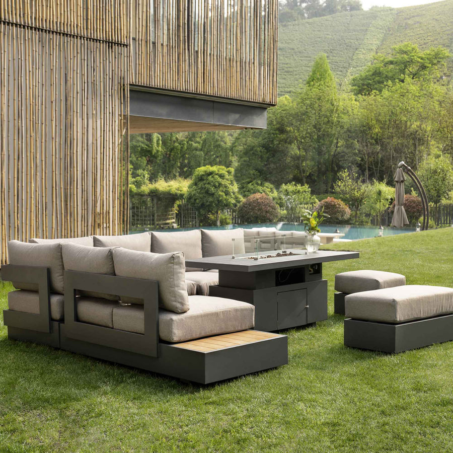 Jardin Aluminium Large Corner Casual Dining Set with Rising Firepit Table, Granite