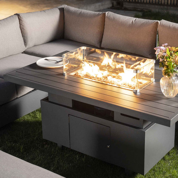 Jardin Aluminium Large Corner Casual Dining Set with Rising Firepit Table, Granite
