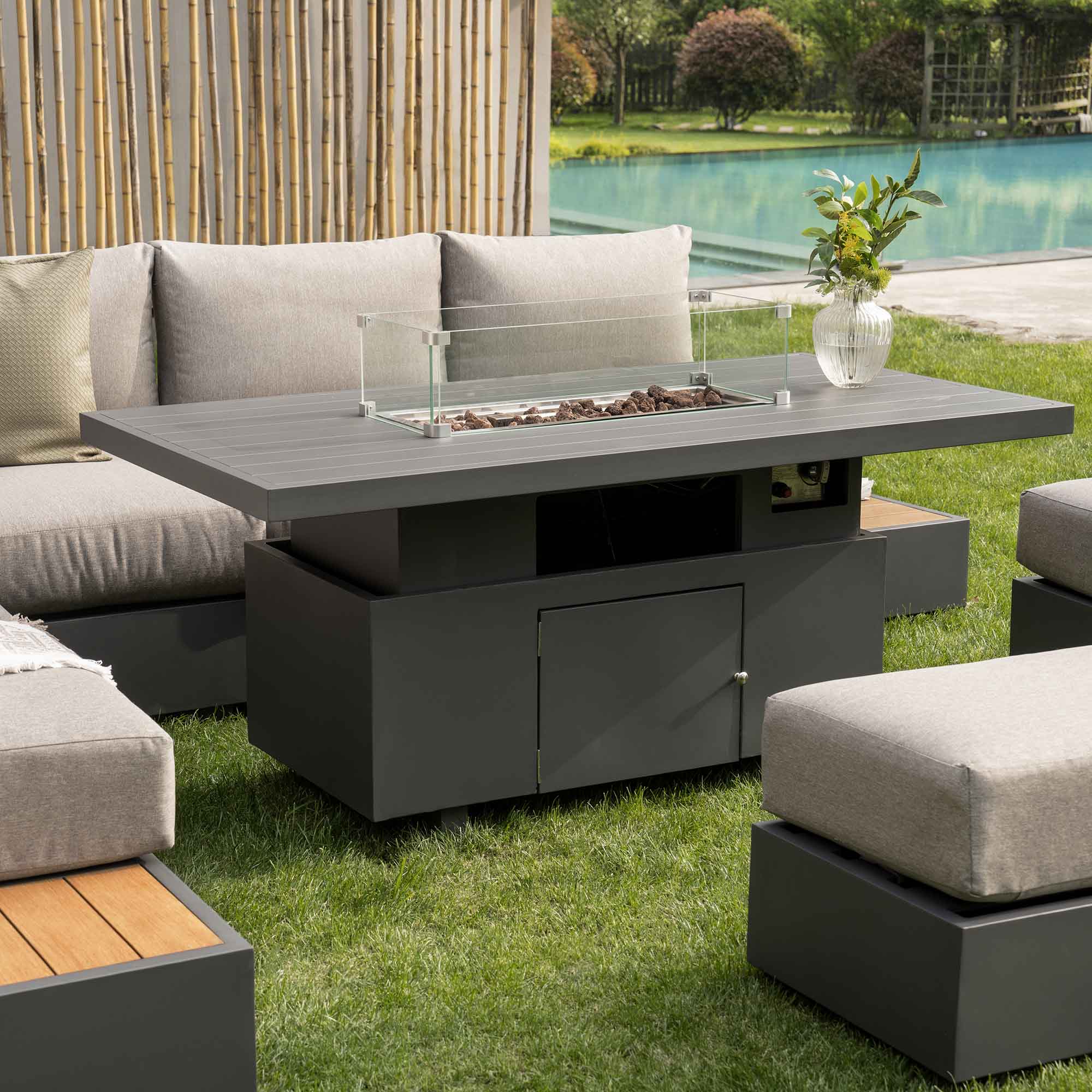 Jardin Aluminium Large Corner Dining Set with Rising Firepit Table