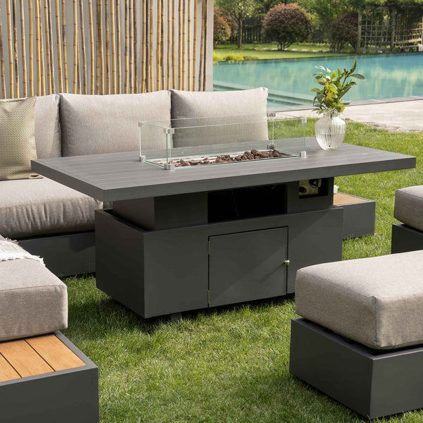 Jardin Aluminium Large Corner Casual Dining Set with Rising Firepit Table, Granite