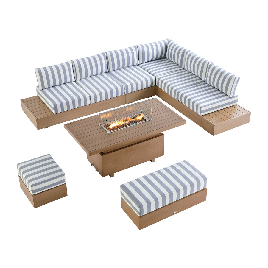 Jardin Aluminium Large Corner Casual Dining Set with Rising Firepit Table, Natural with Blue Stripes