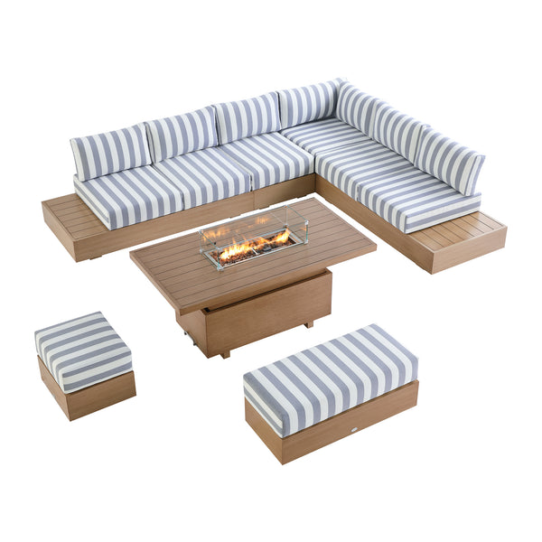 Jardin Aluminium Large Corner Casual Dining Set with Rising Firepit Table, Natural with Blue Stripes