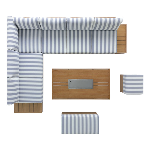 Jardin Aluminium Large Corner Casual Dining Set with Rising Firepit Table, Natural with Blue Stripes