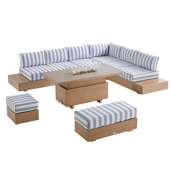 Jardin Aluminium Large Corner Casual Dining Set with Rising Firepit Table, Natural with Blue Stripes