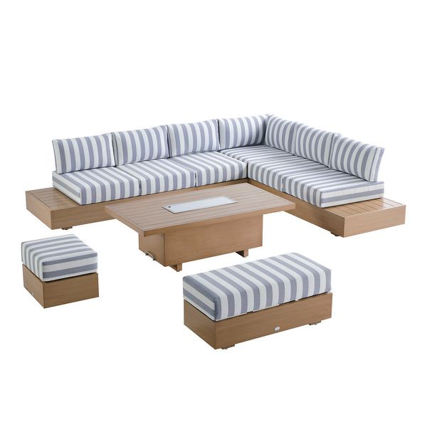 Jardin Aluminium Large Corner Casual Dining Set with Rising Firepit Table, Natural with Blue Stripes