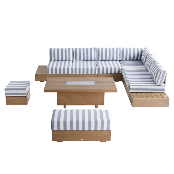 Jardin Aluminium Large Corner Casual Dining Set with Rising Firepit Table, Natural with Blue Stripes