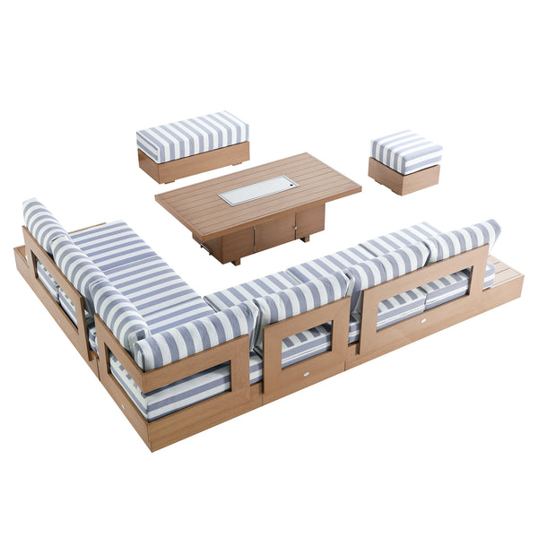 Jardin Aluminium Large Corner Casual Dining Set with Rising Firepit Table, Natural with Blue Stripes