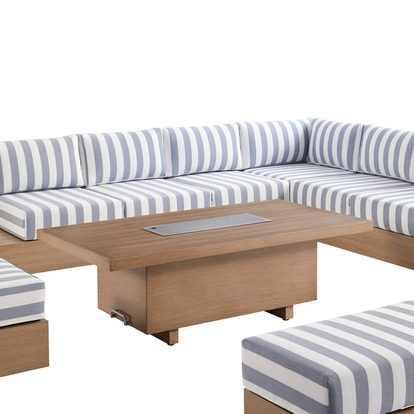 Jardin Aluminium Large Corner Casual Dining Set with Rising Firepit Table, Natural with Blue Stripes