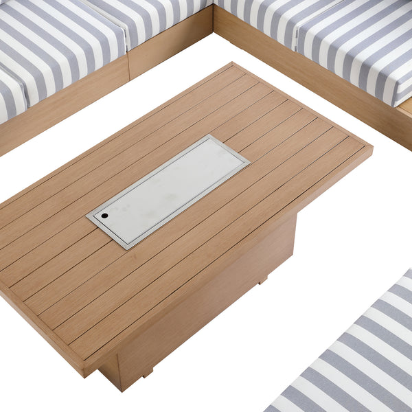 Jardin Aluminium Large Corner Casual Dining Set with Rising Firepit Table, Natural with Blue Stripes