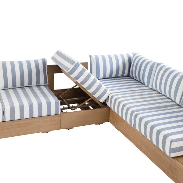 Jardin Aluminium Large Corner Casual Dining Set with Rising Firepit Table, Natural with Blue Stripes