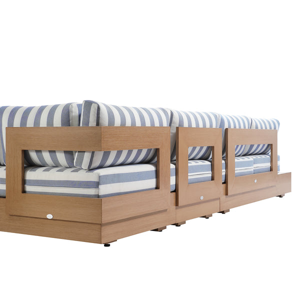 Jardin Aluminium Large Corner Casual Dining Set with Rising Firepit Table, Natural with Blue Stripes