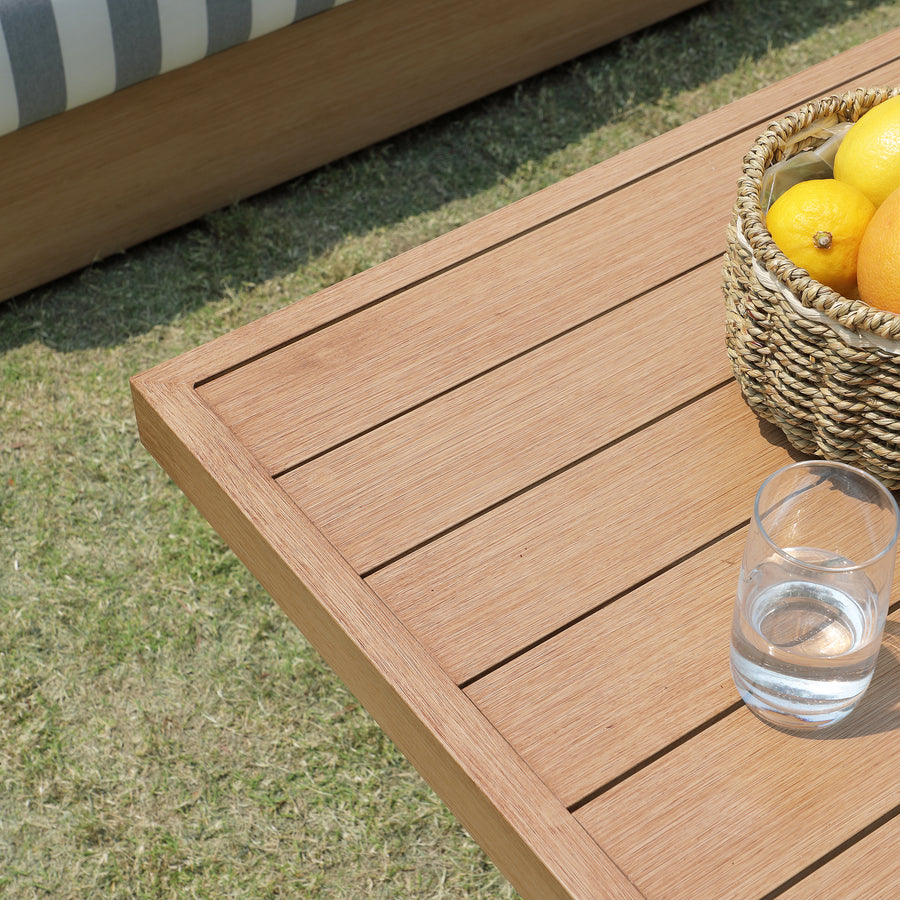 Jardin Aluminium Large Corner Casual Dining Set with Rising Firepit Table, Natural with Blue Stripes