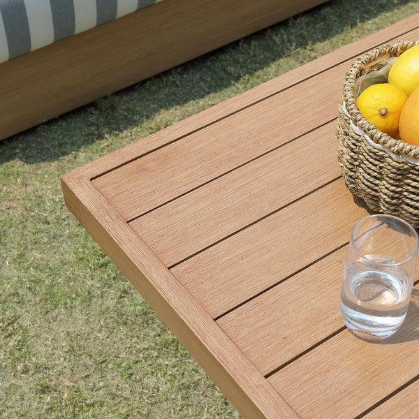 Jardin Aluminium Large Corner Casual Dining Set with Rising Firepit Table, Natural with Blue Stripes