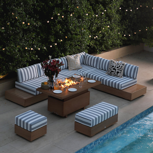 Jardin Aluminium Large Corner Casual Dining Set with Rising Firepit Table, Natural with Blue Stripes
