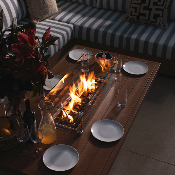 Jardin Aluminium Large Corner Casual Dining Set with Rising Firepit Table, Natural with Blue Stripes