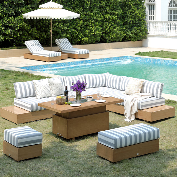 Jardin Aluminium Large Corner Casual Dining Set with Rising Firepit Table, Natural with Blue Stripes
