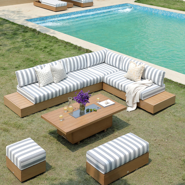 Jardin Aluminium Large Corner Casual Dining Set with Rising Firepit Table, Natural with Blue Stripes