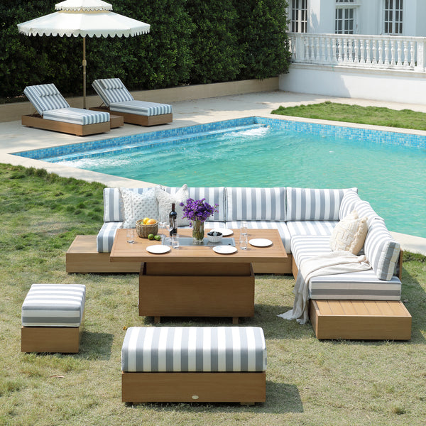 Jardin Aluminium Large Corner Casual Dining Set with Rising Firepit Table, Natural with Blue Stripes